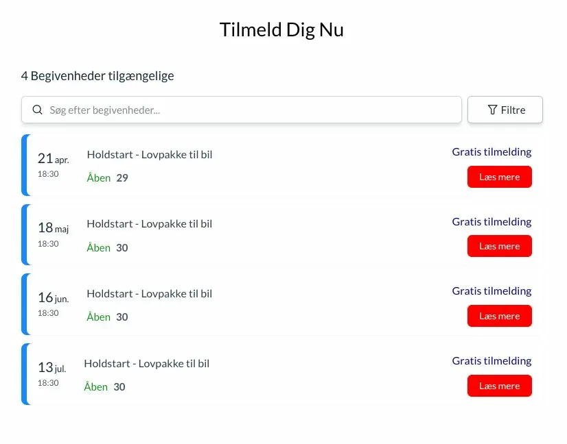 Holdstart-siden på koreskoleibronshoj.dk med online booking